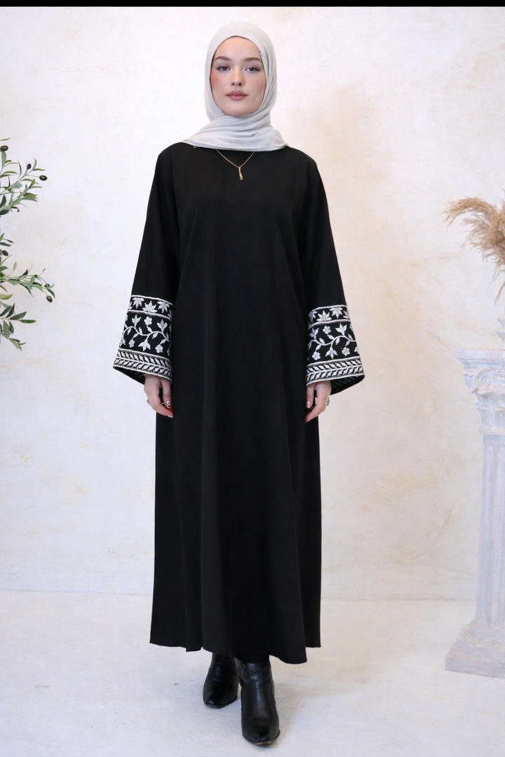 Floral Embroidered Linen Abaya