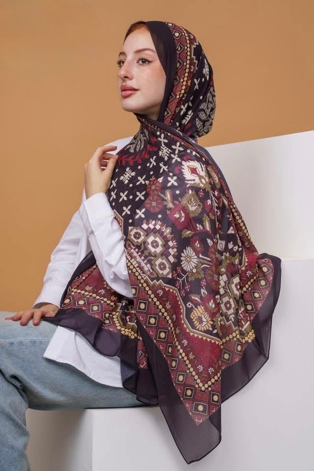Brown and Black Printed Chiffon Hijab