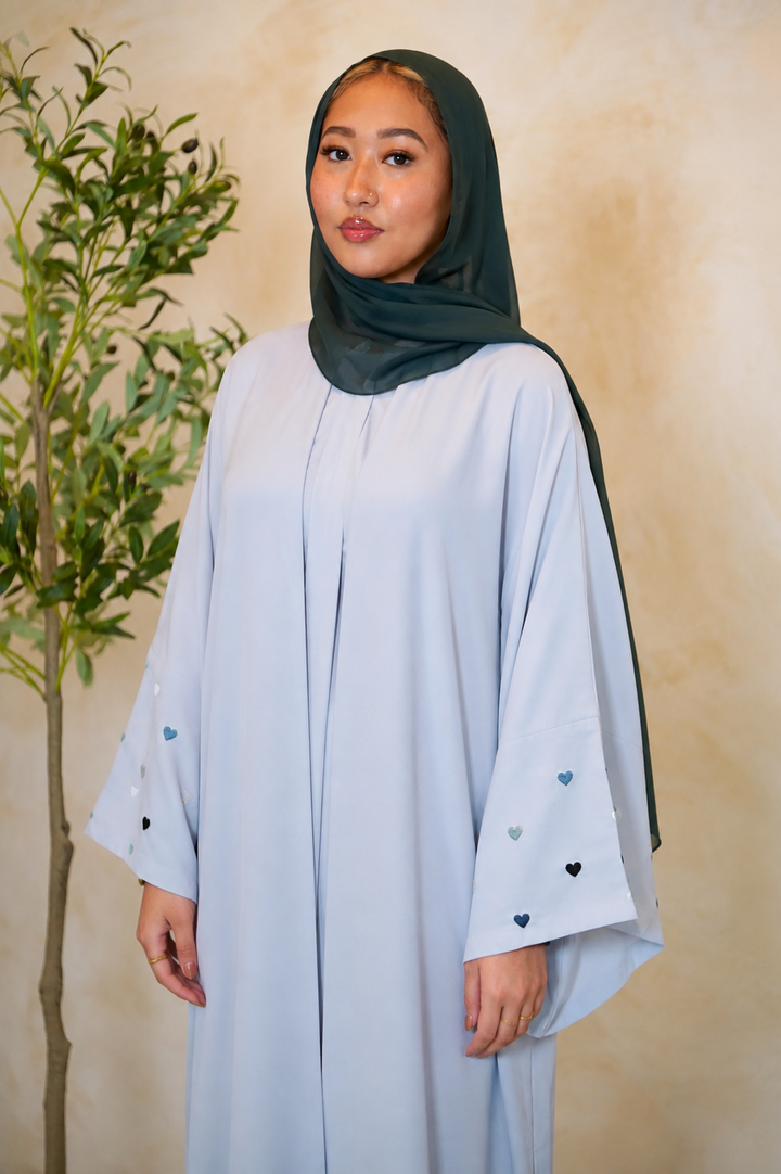 Blue Heart Moon Embroidered Open Front Abaya