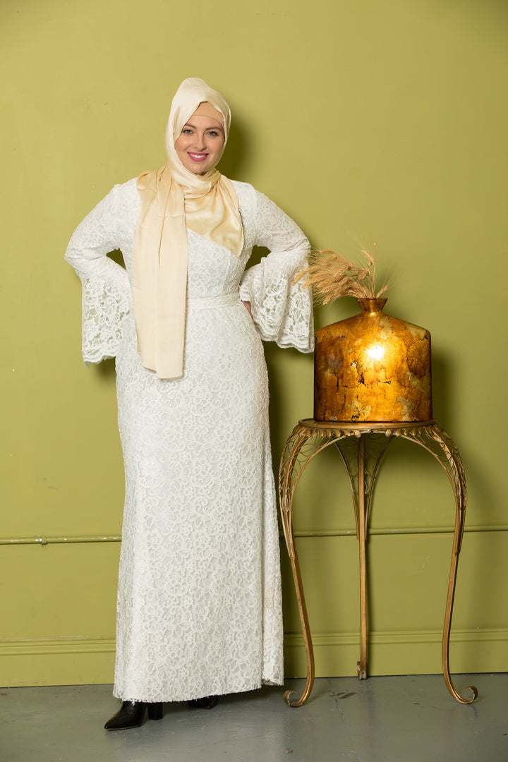 Farah White Lace Bell Sleeves Maxi Gown - Urban Modesty