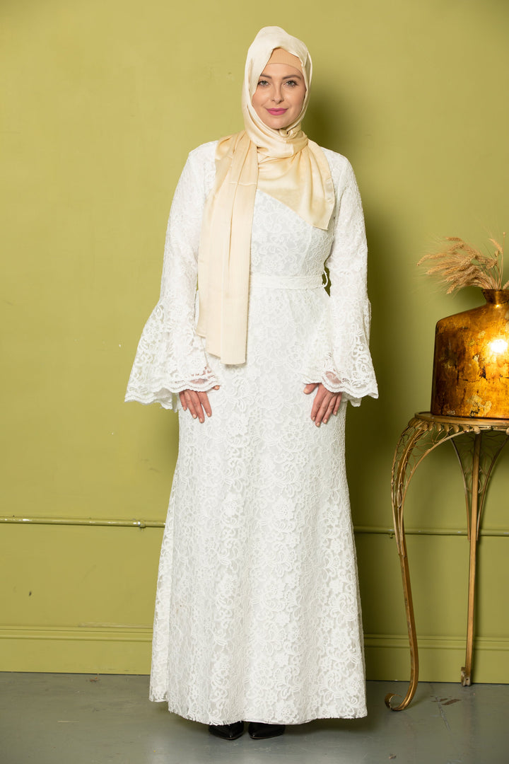 Farah White Lace Bell Sleeves Maxi Gown - Urban Modesty