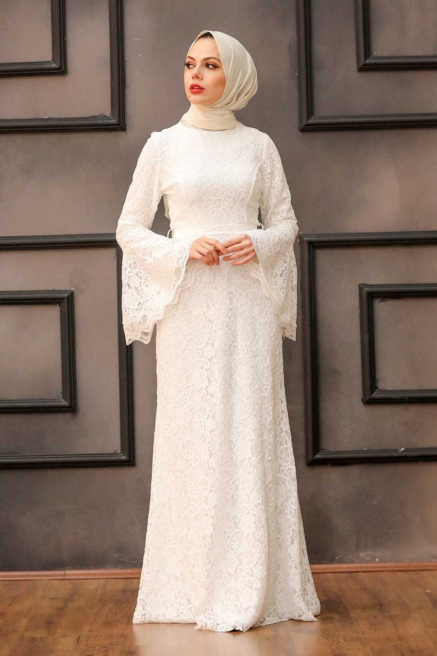 Farah White Lace Bell Sleeves Maxi Gown - Urban Modesty