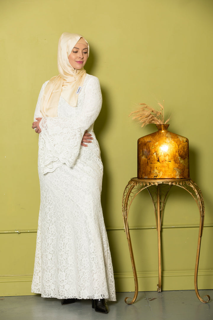 Farah White Lace Bell Sleeves Maxi Gown - Urban Modesty