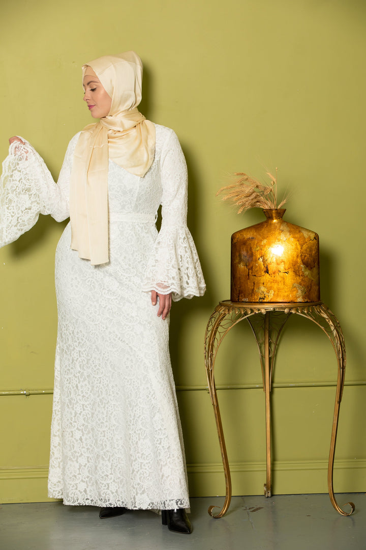 Farah White Lace Bell Sleeves Maxi Gown - Urban Modesty