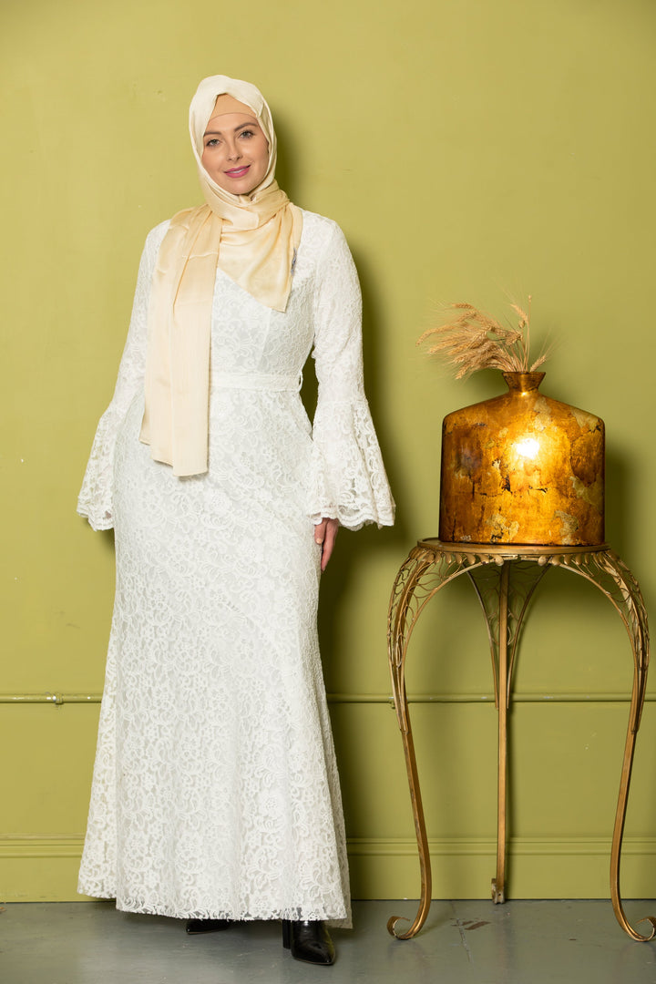 Farah White Lace Bell Sleeves Maxi Gown - Urban Modesty