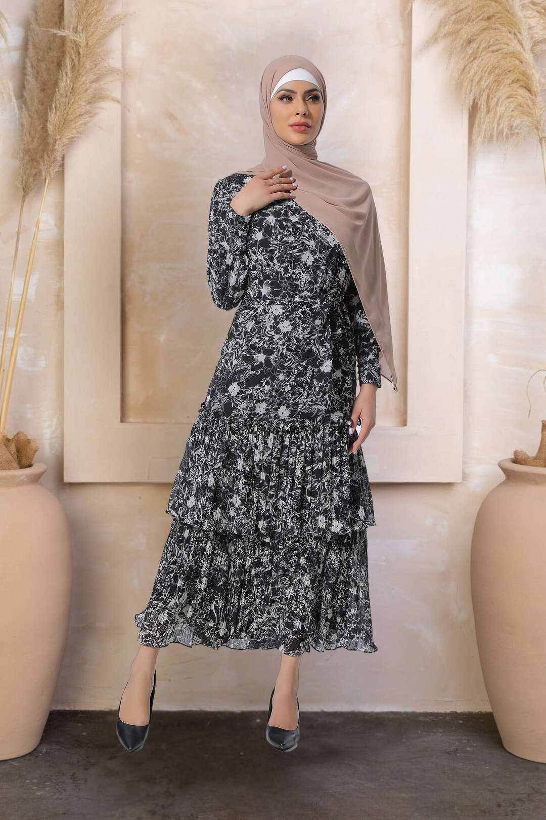 Floral Double Ruffle Long Sleeve Maxi Dress-CLEARANCE