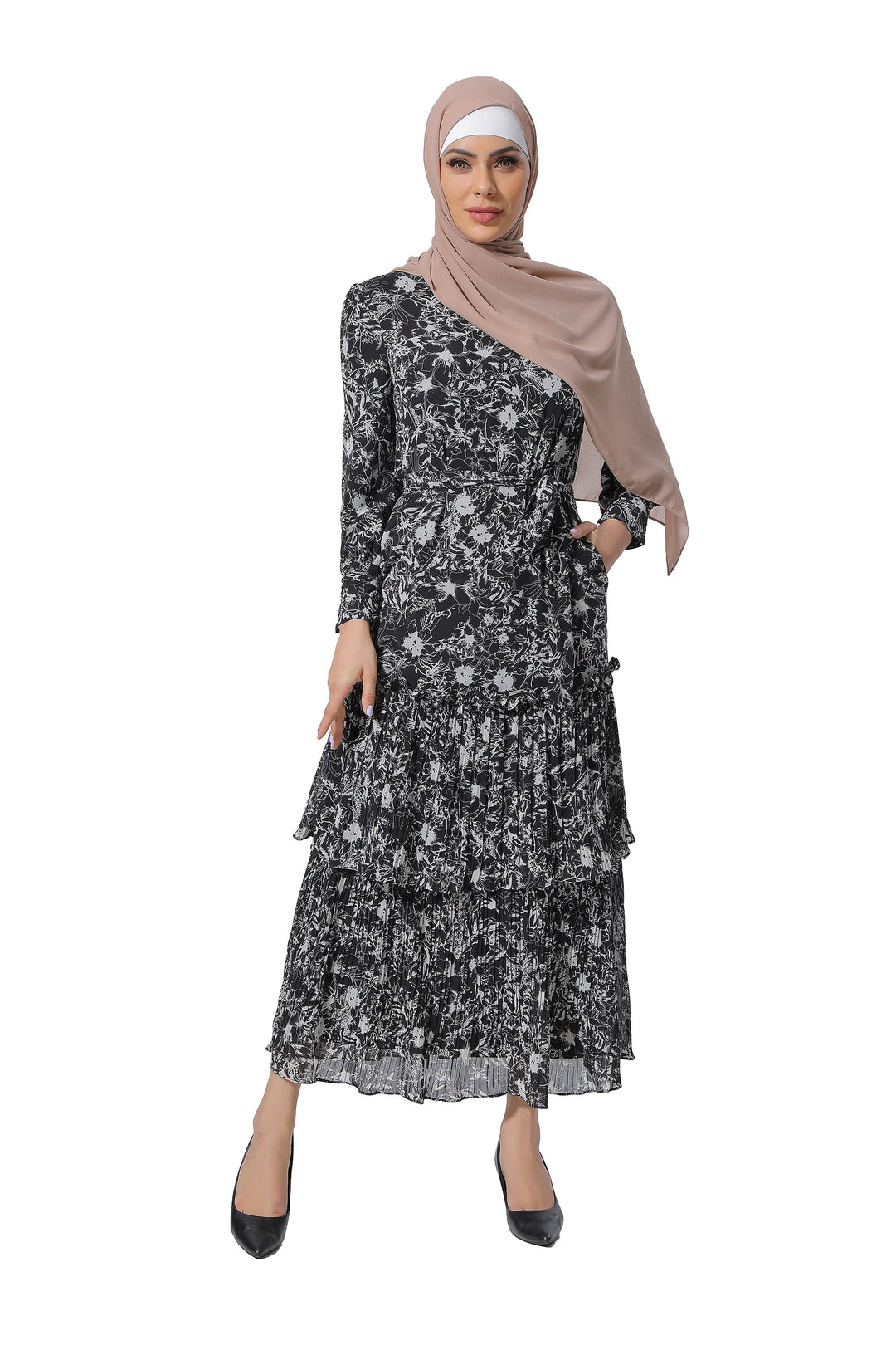 Floral Double Ruffle Long Sleeve Maxi Dress-CLEARANCE