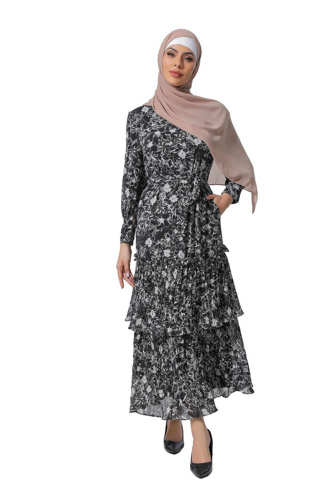 Floral Double Ruffle Long Sleeve Maxi Dress-CLEARANCE