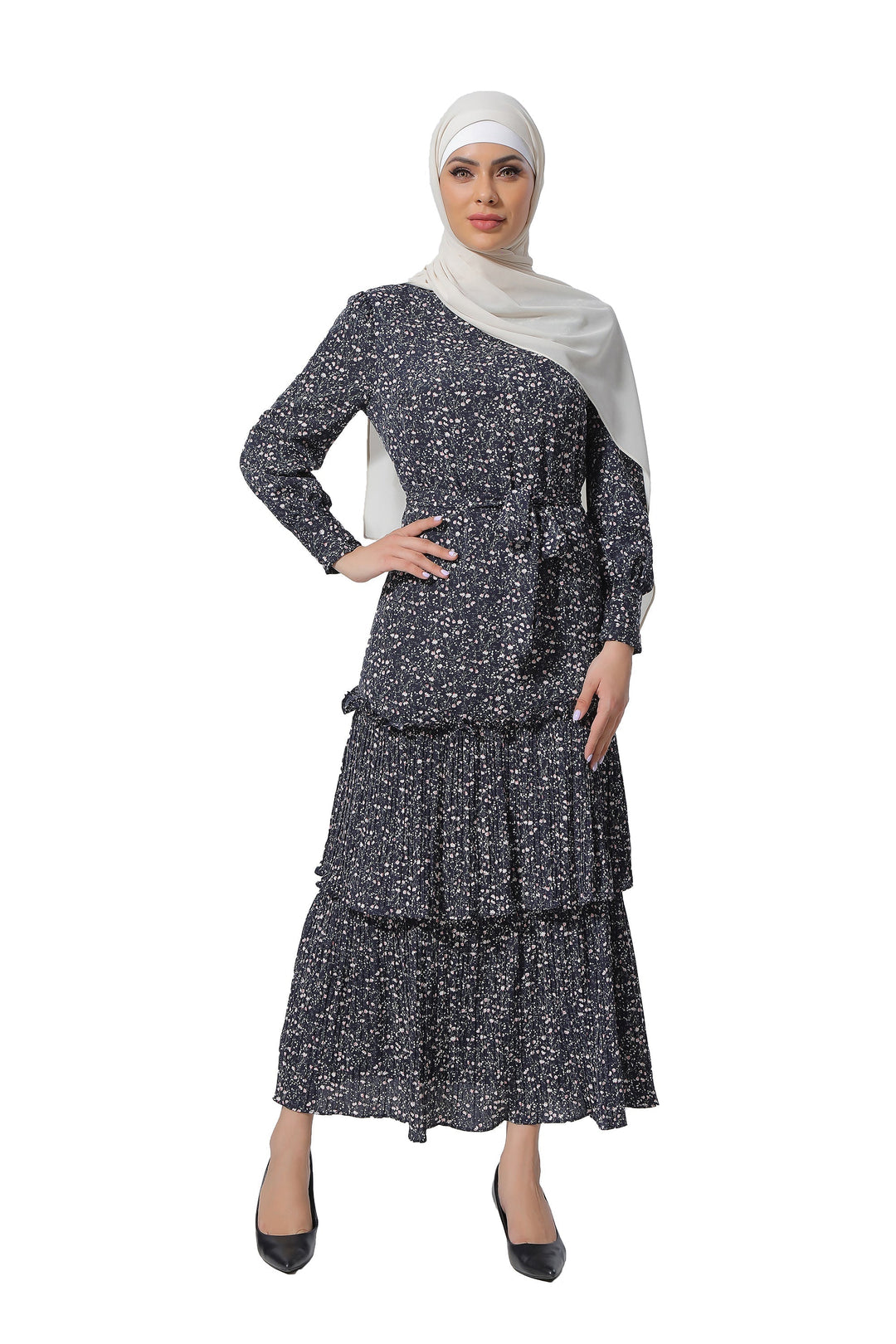 Floral Double Ruffle Long Sleeve Maxi Dress-CLEARANCE