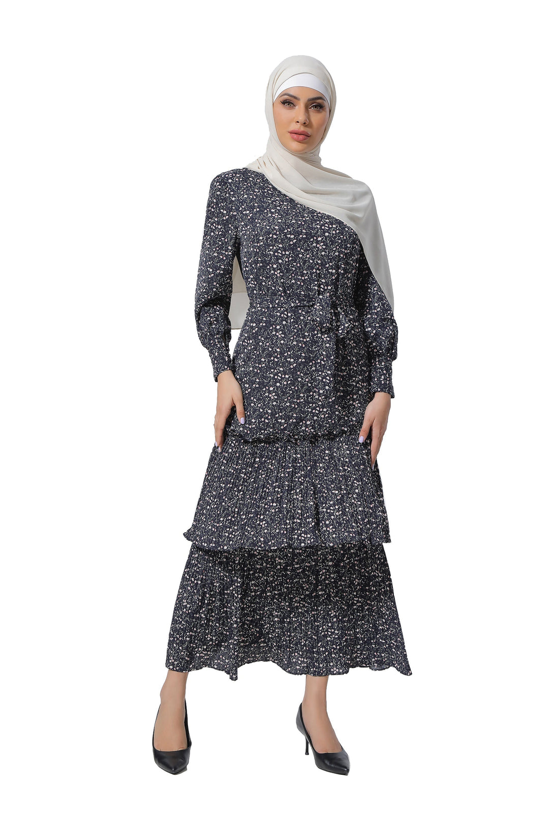 Floral Double Ruffle Long Sleeve Maxi Dress-CLEARANCE