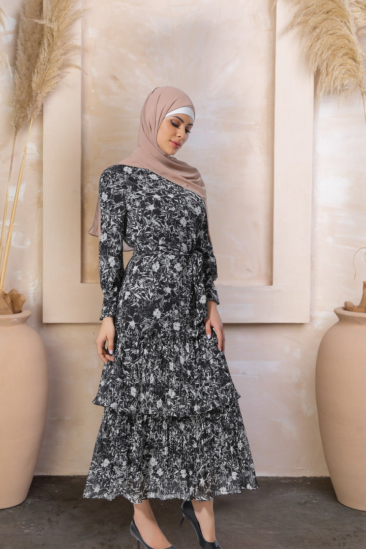 Floral Double Ruffle Long Sleeve Maxi Dress-CLEARANCE