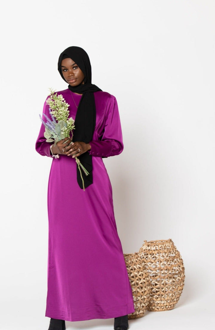 Fuschia Satin Long Sleeve Maxi Dress