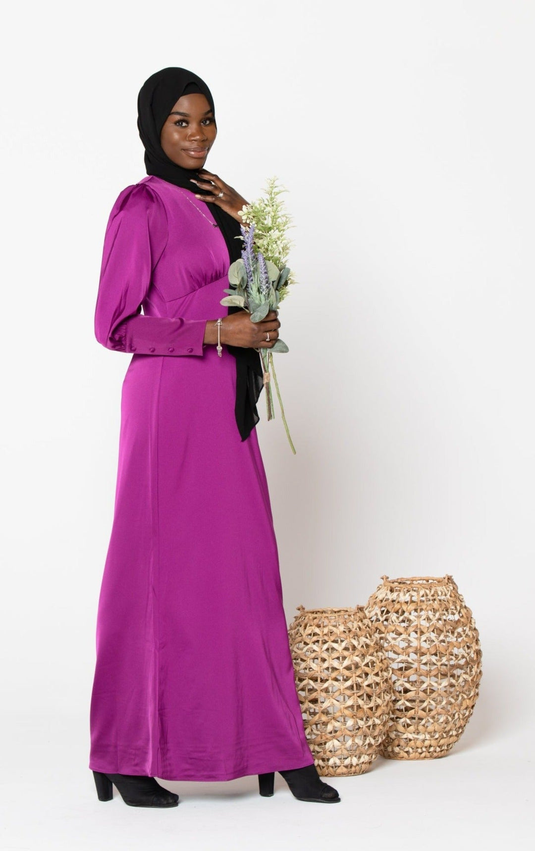 Fuschia Satin Long Sleeve Maxi Dress