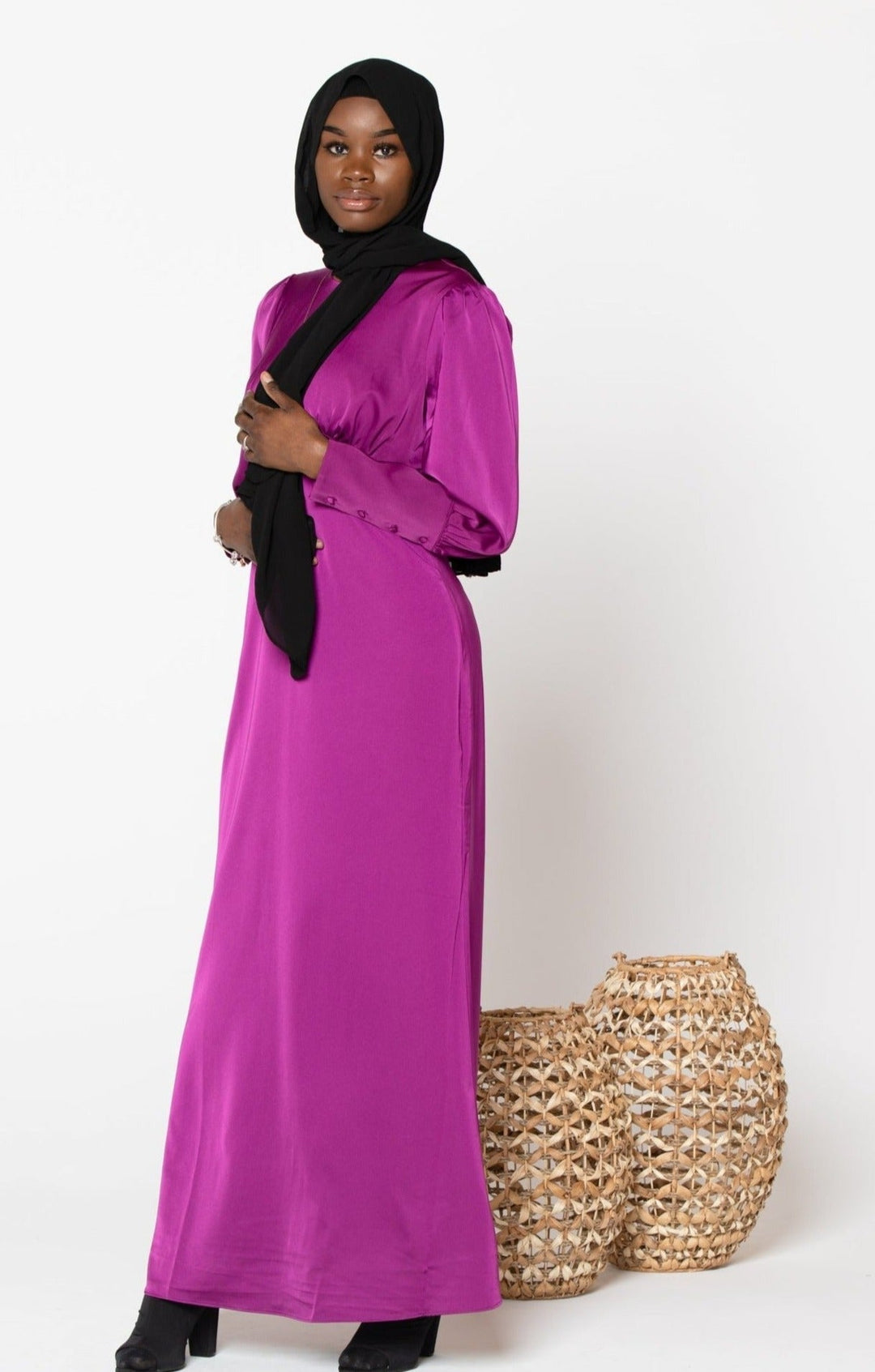 Fuschia Satin Long Sleeve Maxi Dress