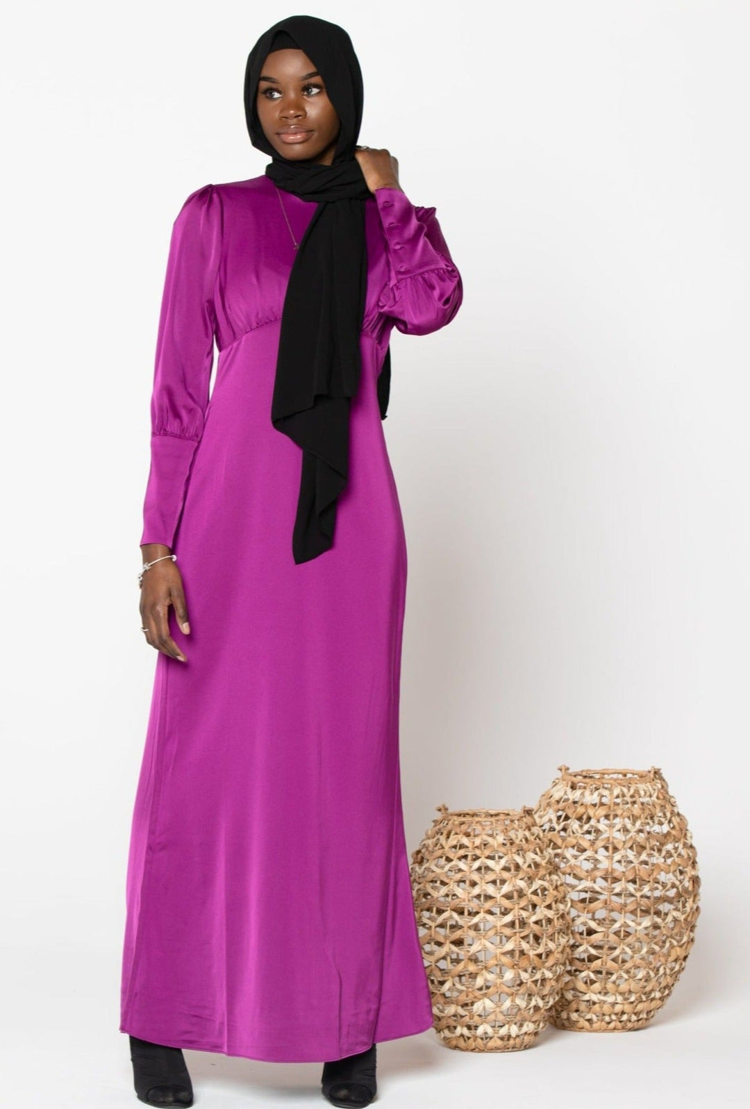 Fuschia Satin Long Sleeve Maxi Dress