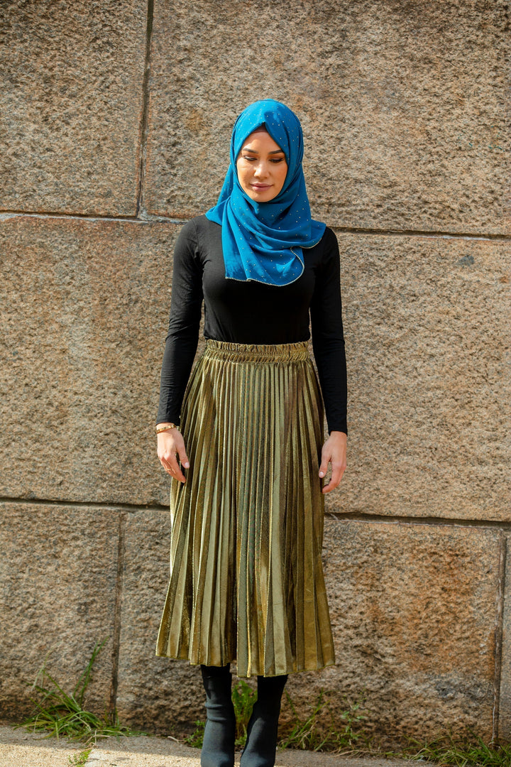 Gold Metallic Pleated Chiffon Maxi Skirt-CLEARANCE