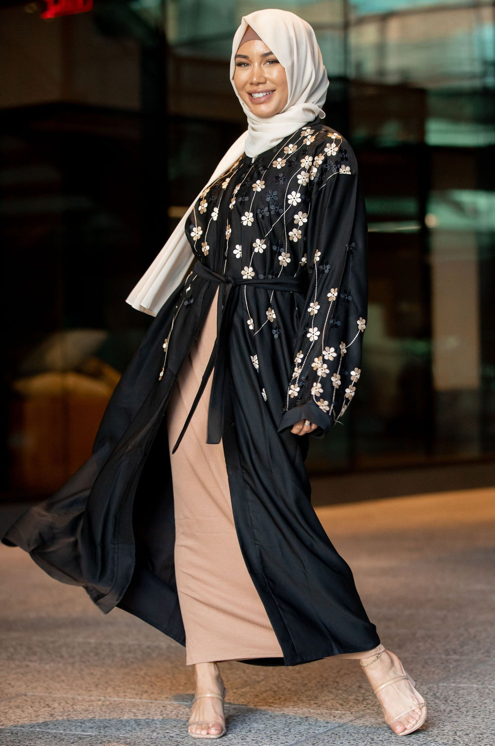 Golden Flowers Black Open Front Abaya - Urban Modesty