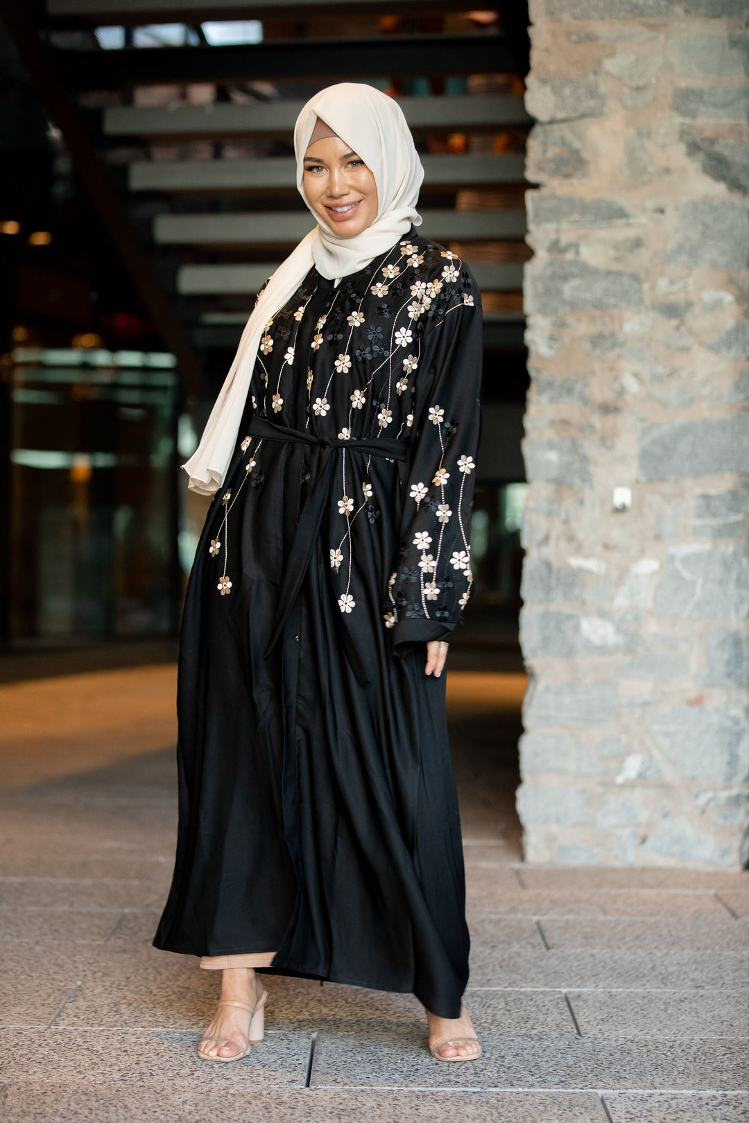 Golden Flowers Black Open Front Abaya - Urban Modesty