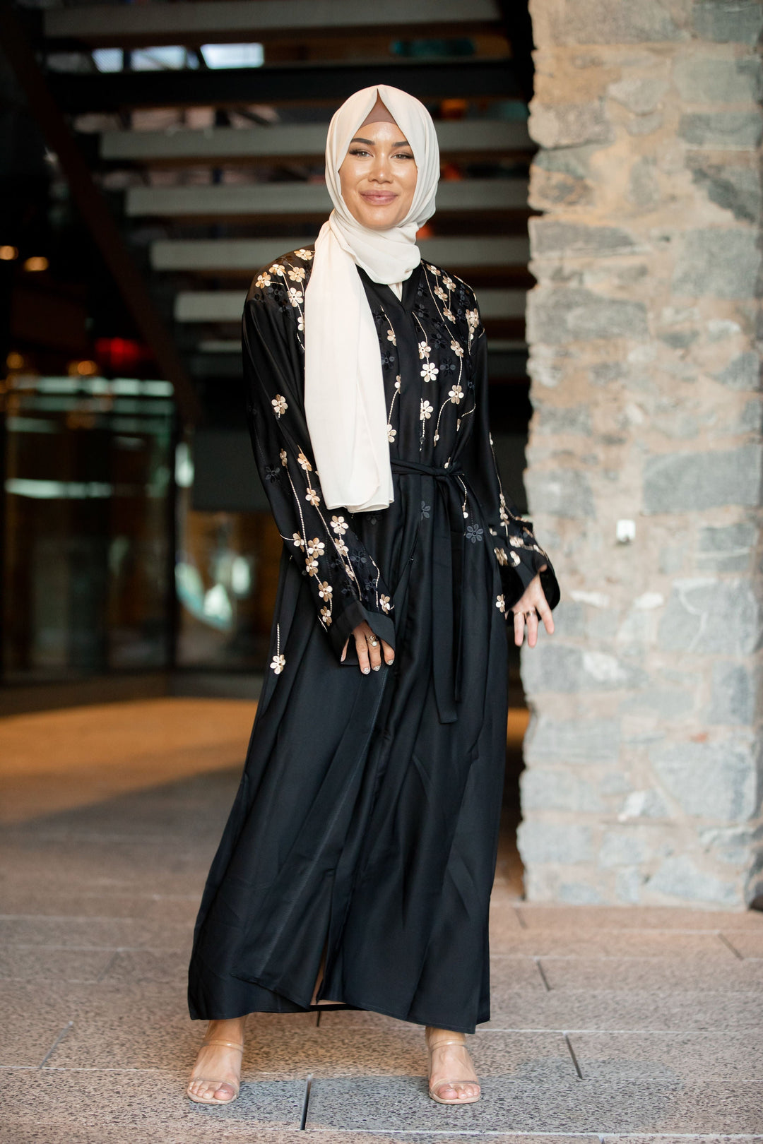 Golden Flowers Black Open Front Abaya - Urban Modesty