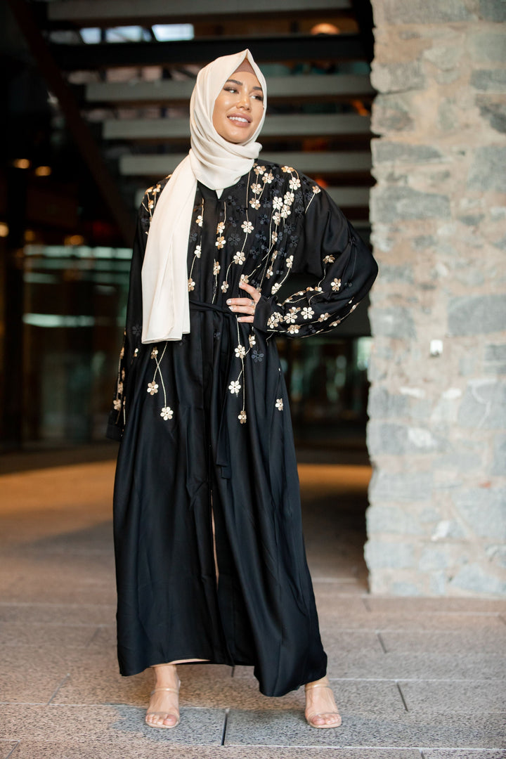 Golden Flowers Black Open Front Abaya - Urban Modesty