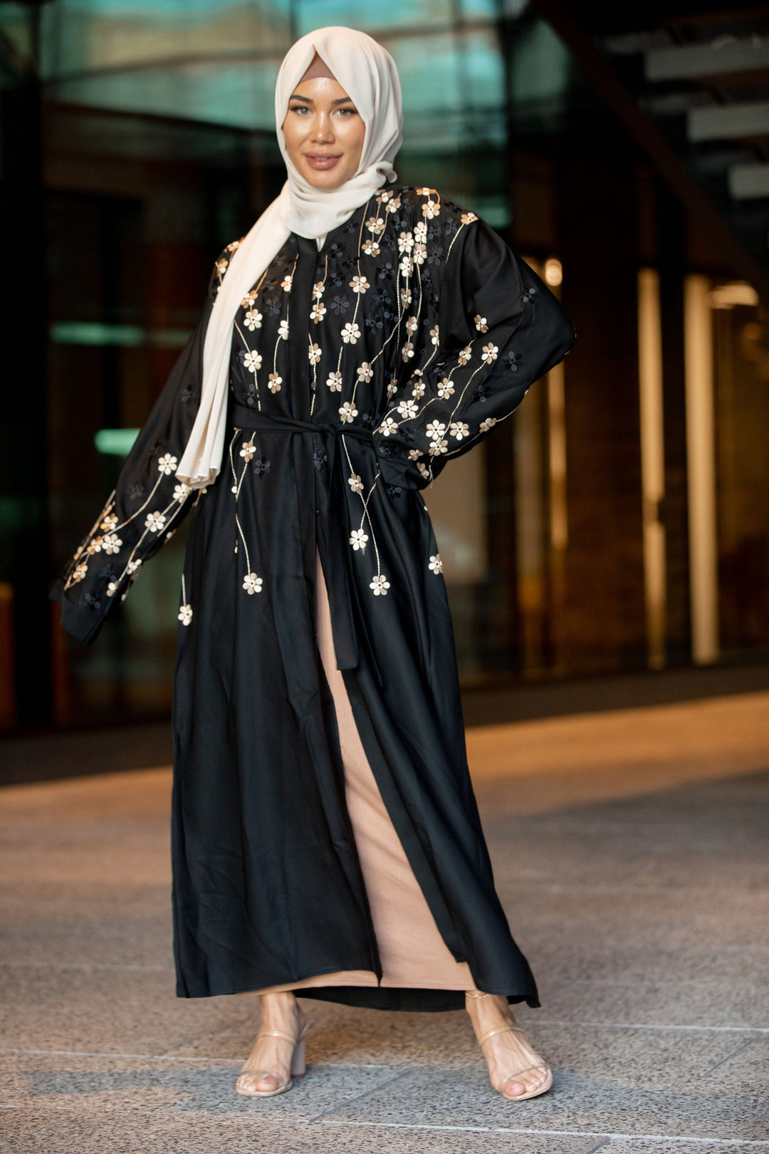 Golden Flowers Black Open Front Abaya - Urban Modesty