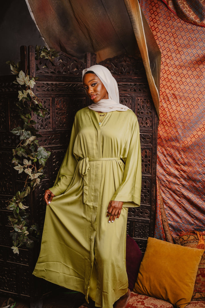 Grass Green Sleeveless Dress and Open Abaya Set