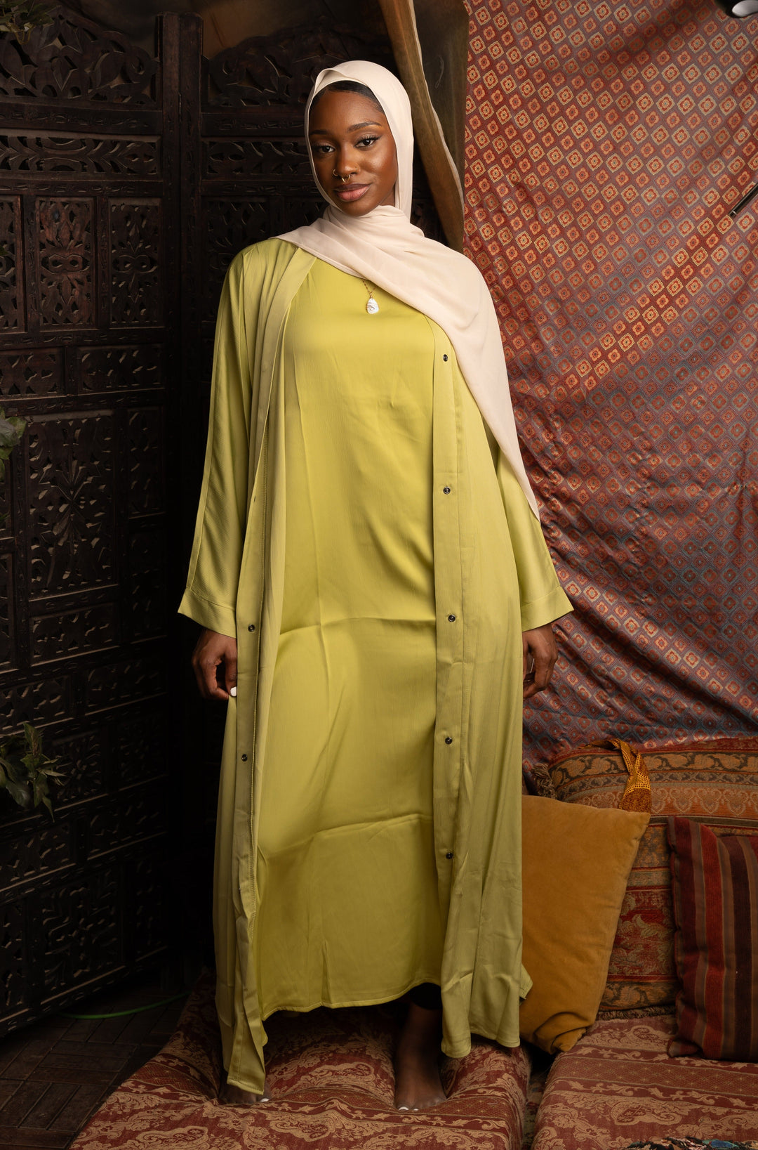 Grass Green Sleeveless Dress and Open Abaya Set