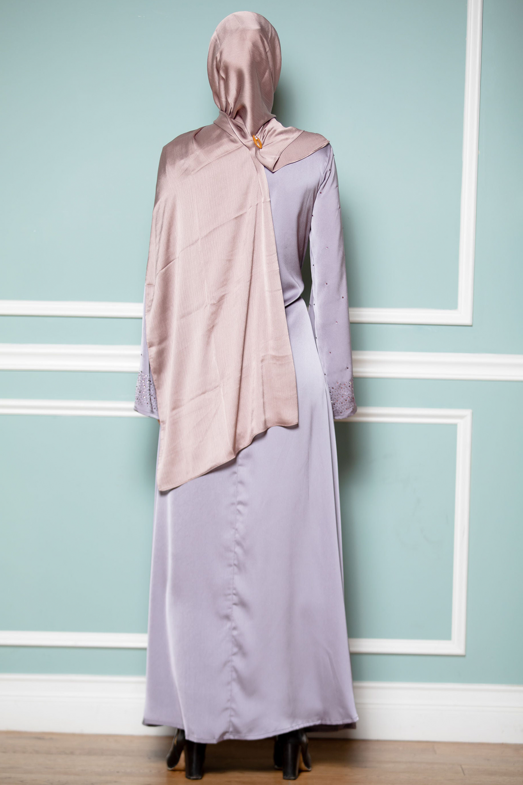 Gray Beaded Satin Long Sleeve Maxi Dress