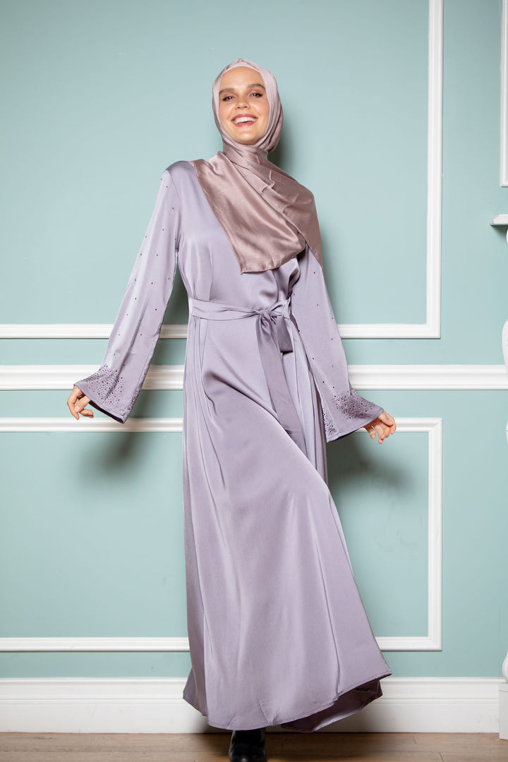 Gray Beaded Satin Long Sleeve Maxi Dress