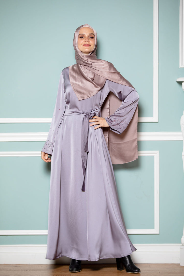 Gray Beaded Satin Long Sleeve Maxi Dress