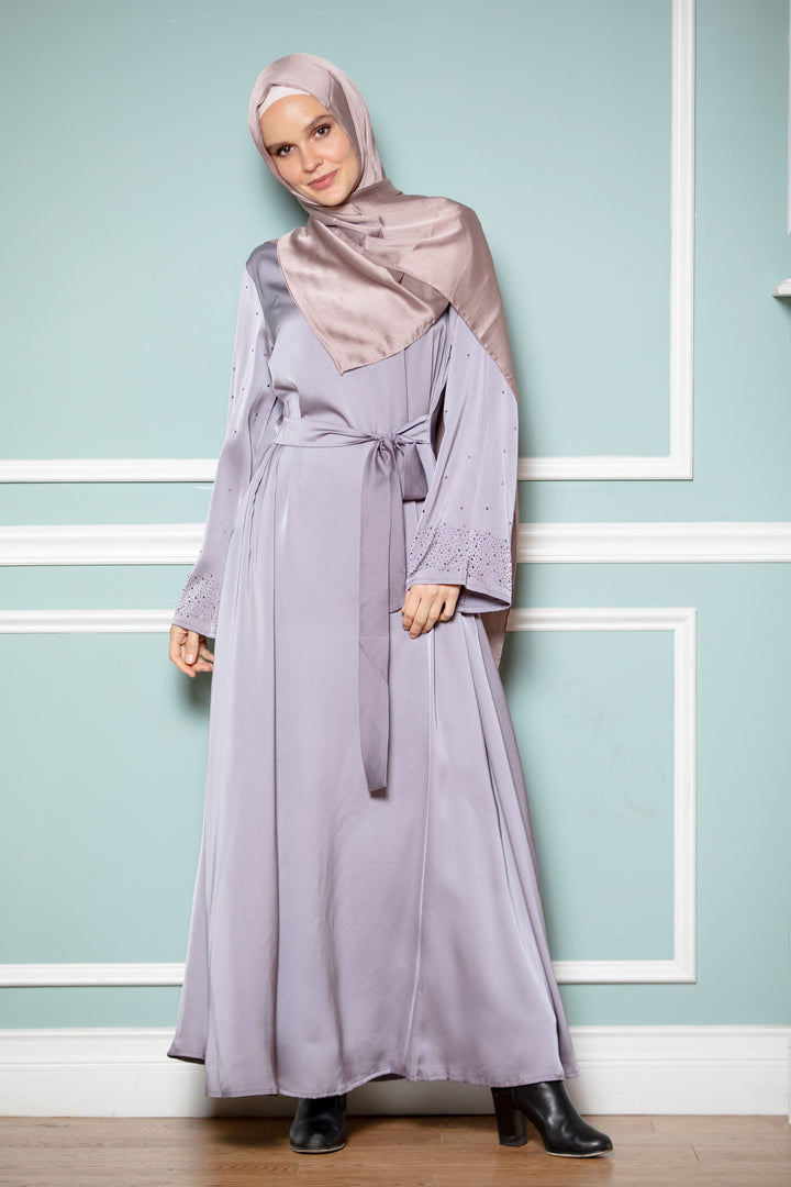 Gray Beaded Satin Long Sleeve Maxi Dress