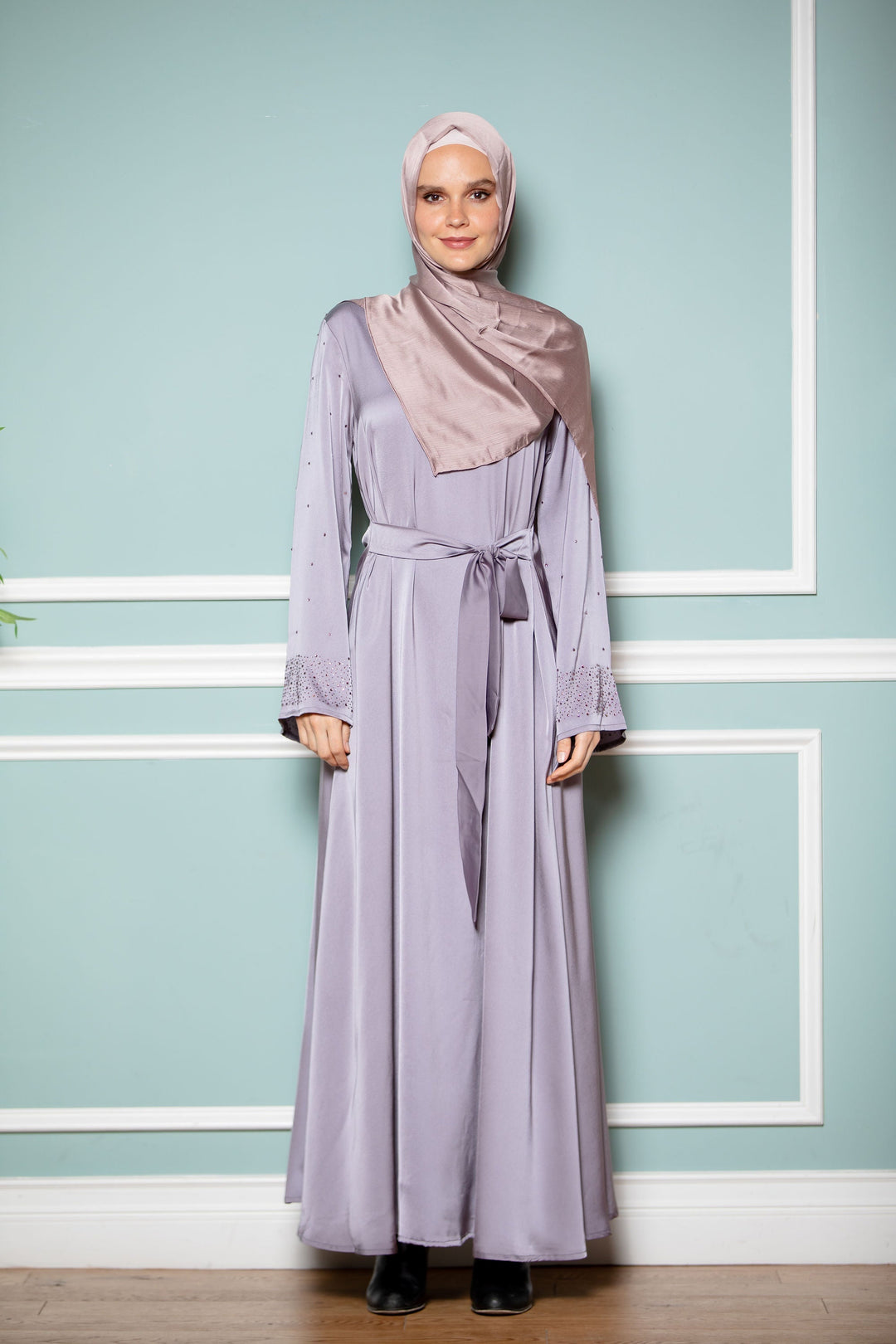 Gray Beaded Satin Long Sleeve Maxi Dress