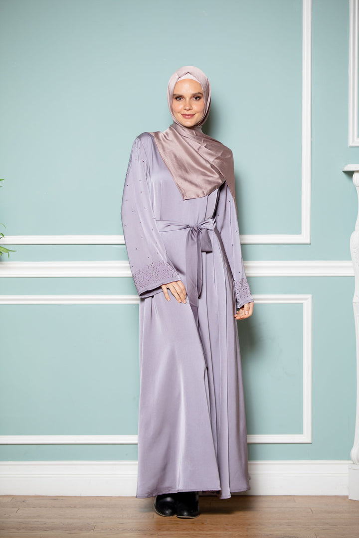 Gray Beaded Satin Long Sleeve Maxi Dress