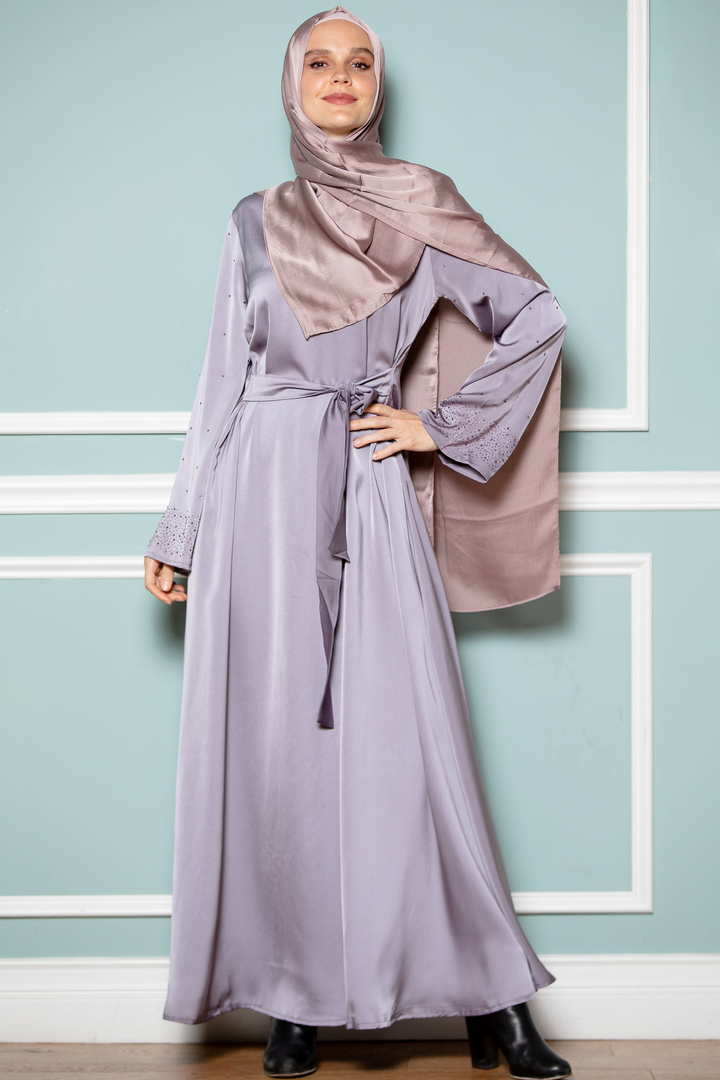 Gray Beaded Satin Long Sleeve Maxi Dress