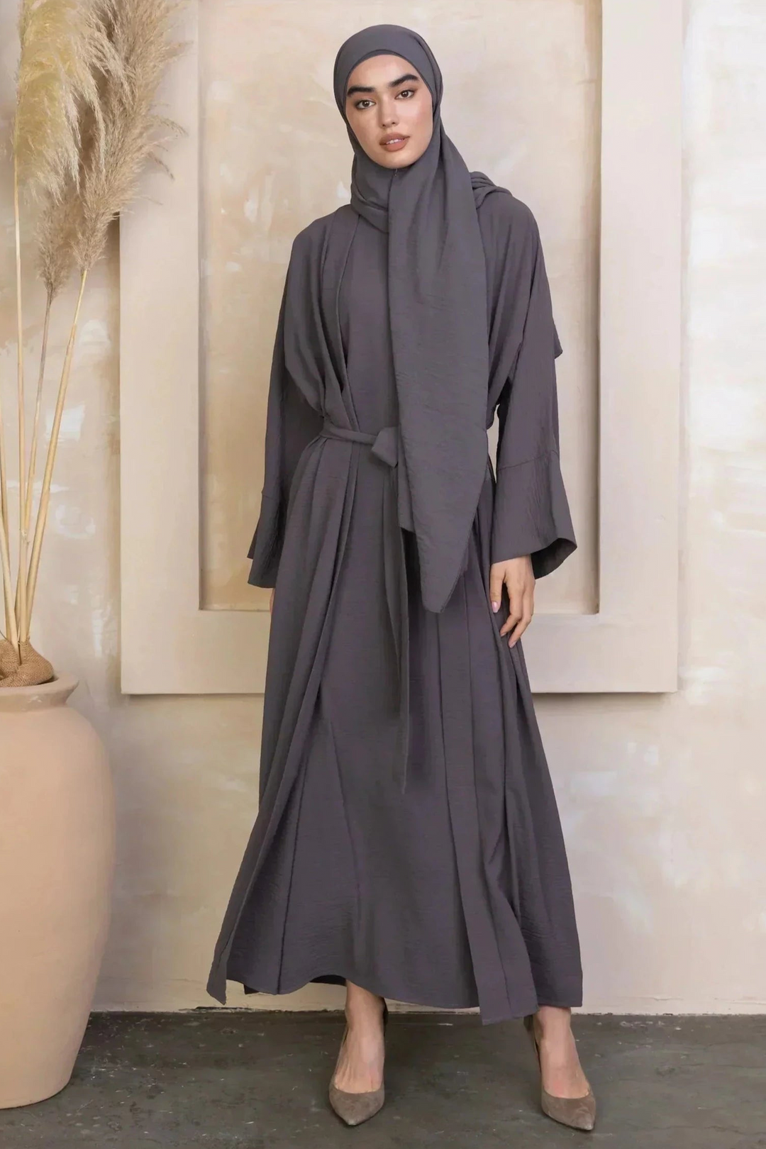 Gray modest dress with headscarf in Four Piece Abaya Set