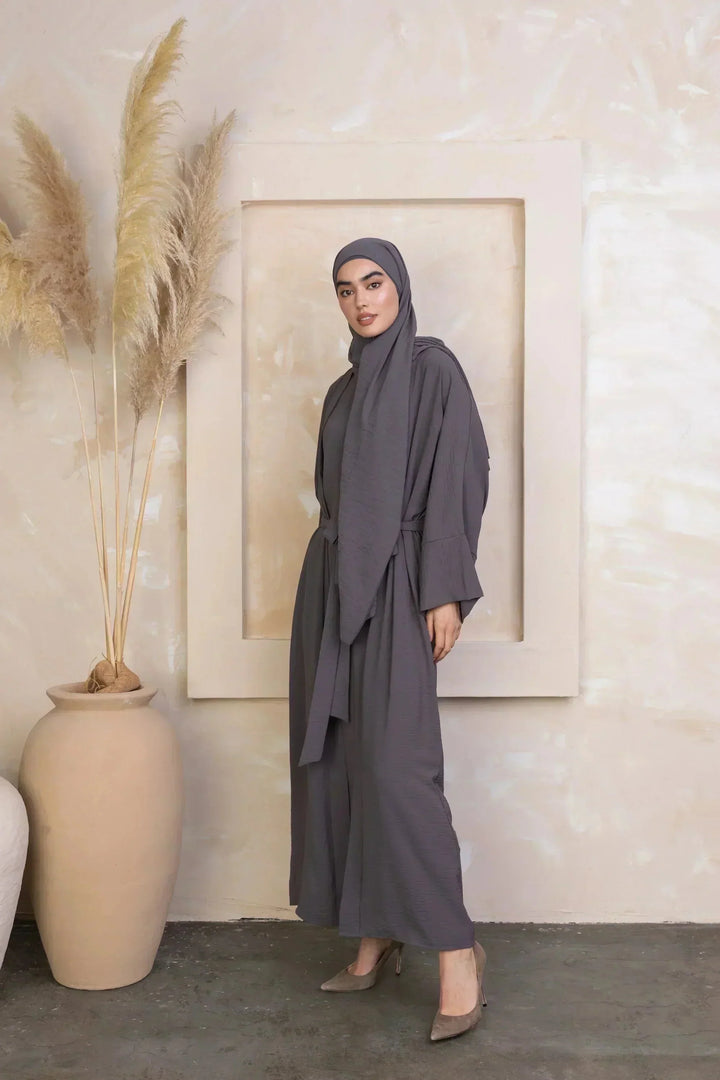 Gray modest dress with matching hijab in Four Piece Abaya Set