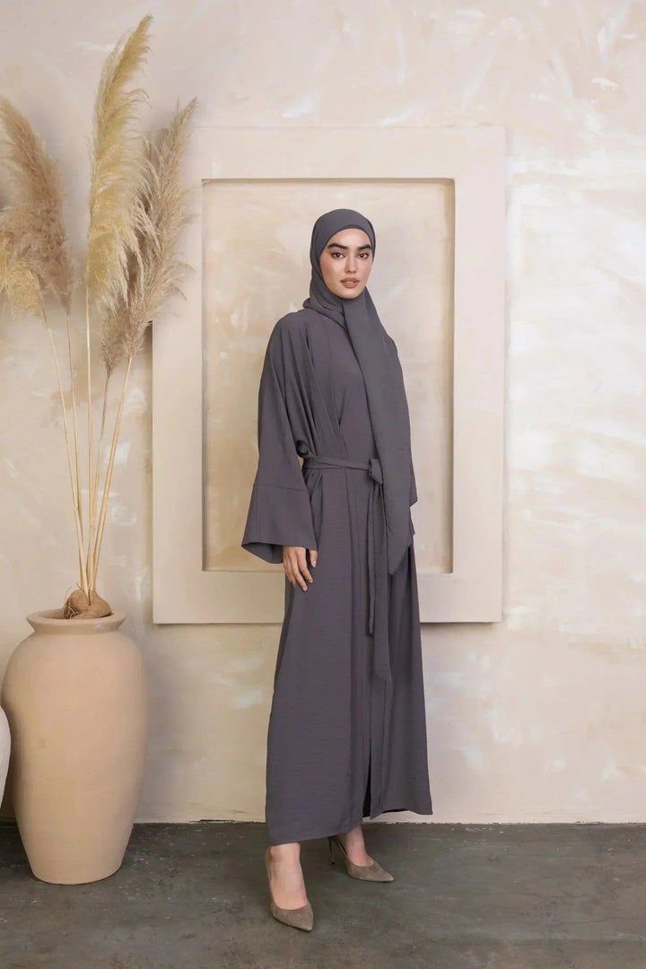 Gray modest dress with matching hijab in four-piece abaya set
