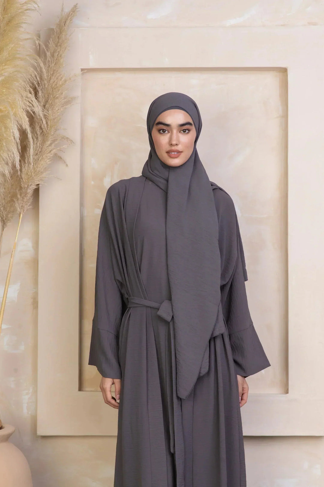 Gray Four Piece Open Abaya Set