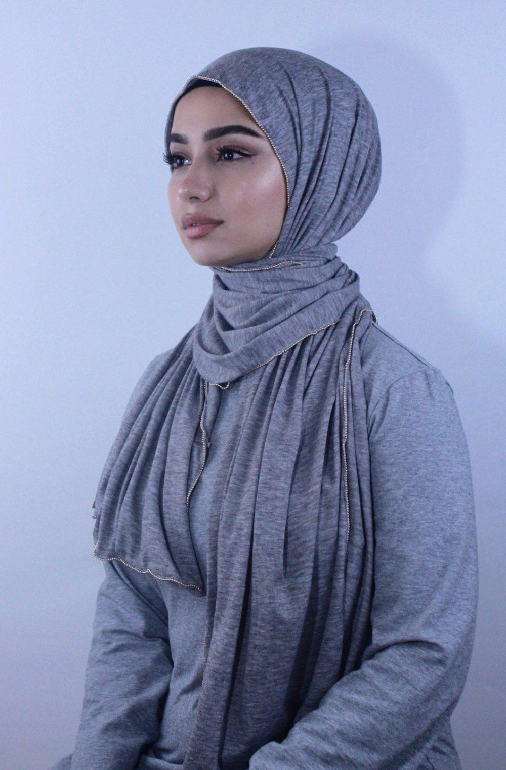 Gray Jersey Solid With Beaded Trim Hijab