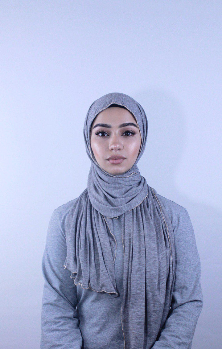 Gray Jersey Solid With Beaded Trim Hijab - Urban Modesty