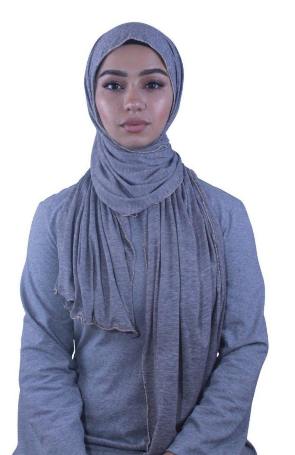 Gray Jersey Solid With Beaded Trim Hijab