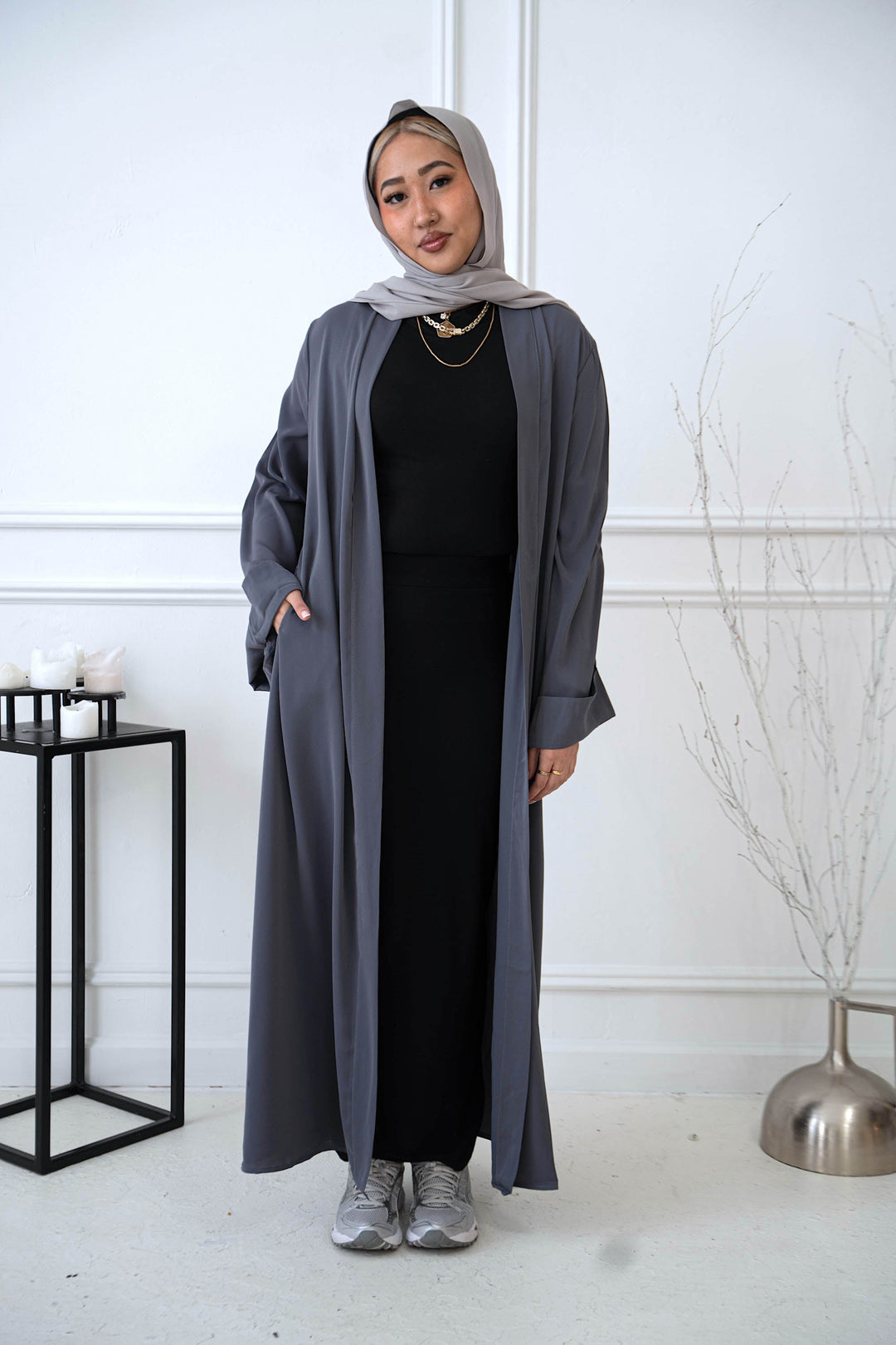 Gray Nida Kimono Sleeve Open Abaya-CLEARANCE