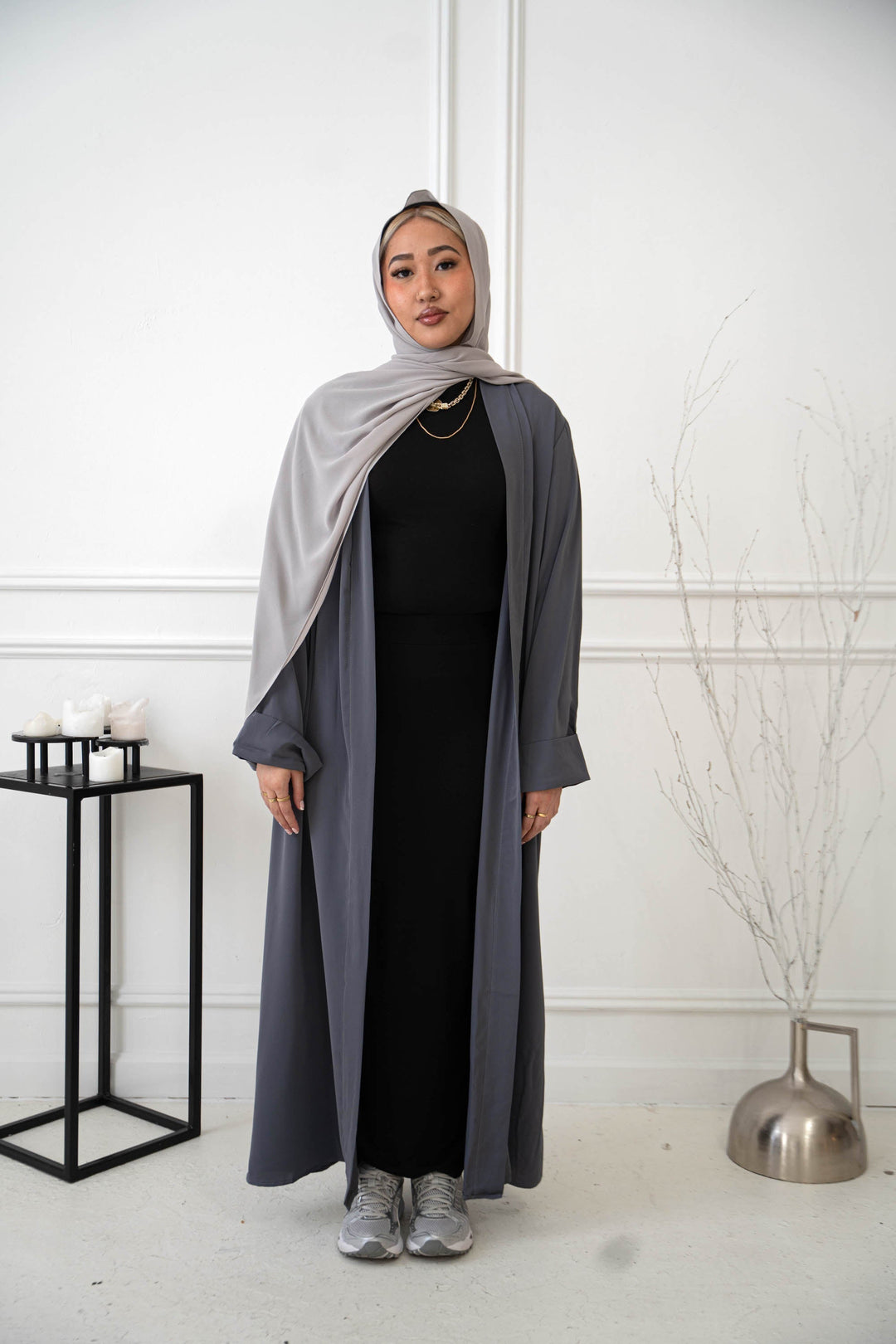 Gray Nida Kimono Sleeve Open Abaya-CLEARANCE