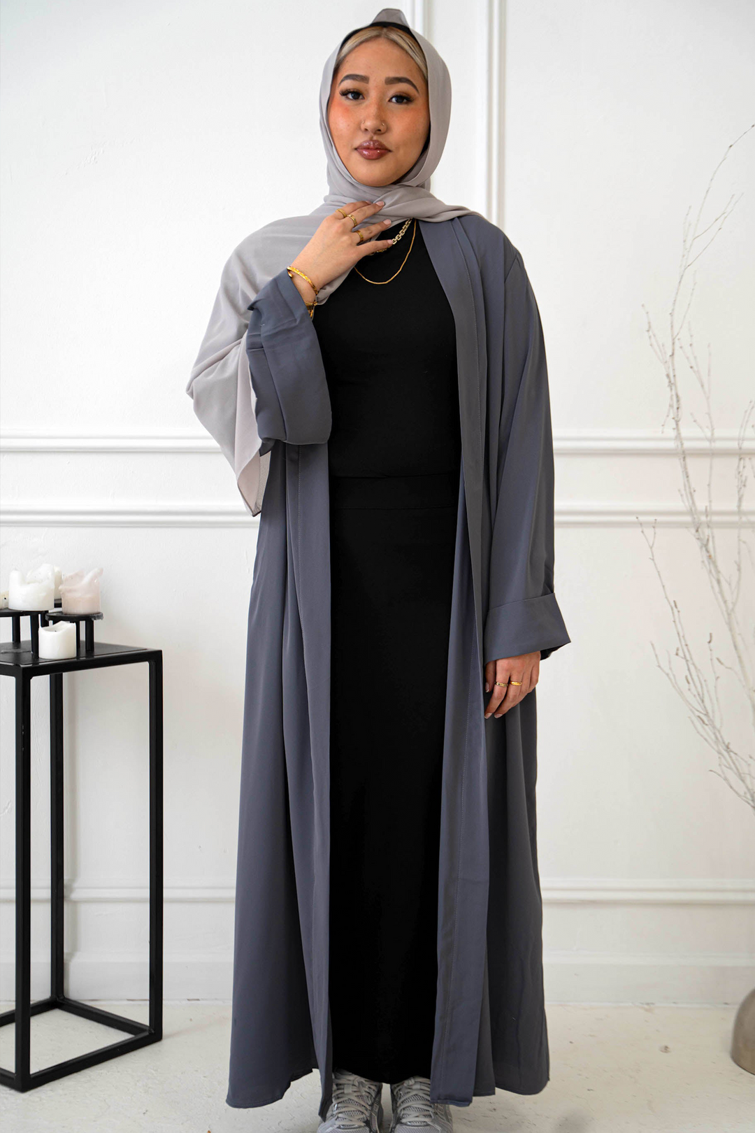 Gray Nida Kimono Sleeve Open Abaya-CLEARANCE