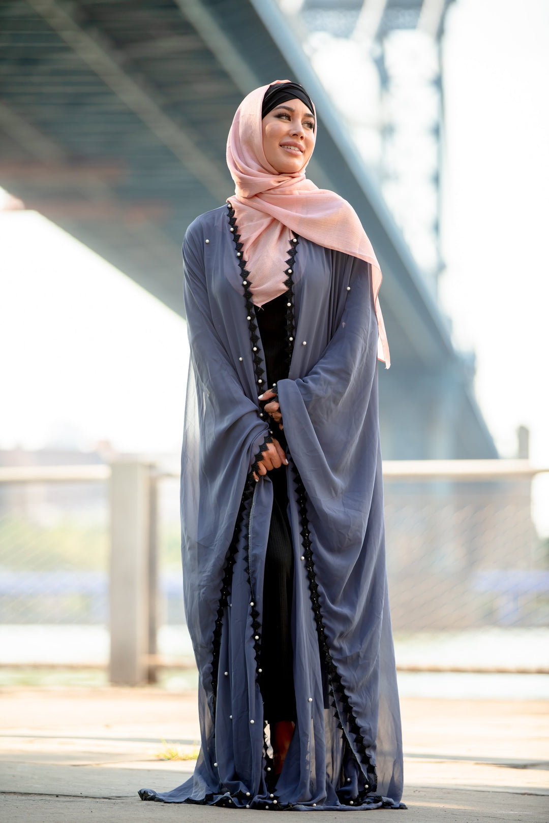 Gray Pearl and Lace Trim Open Front Abaya Caftan