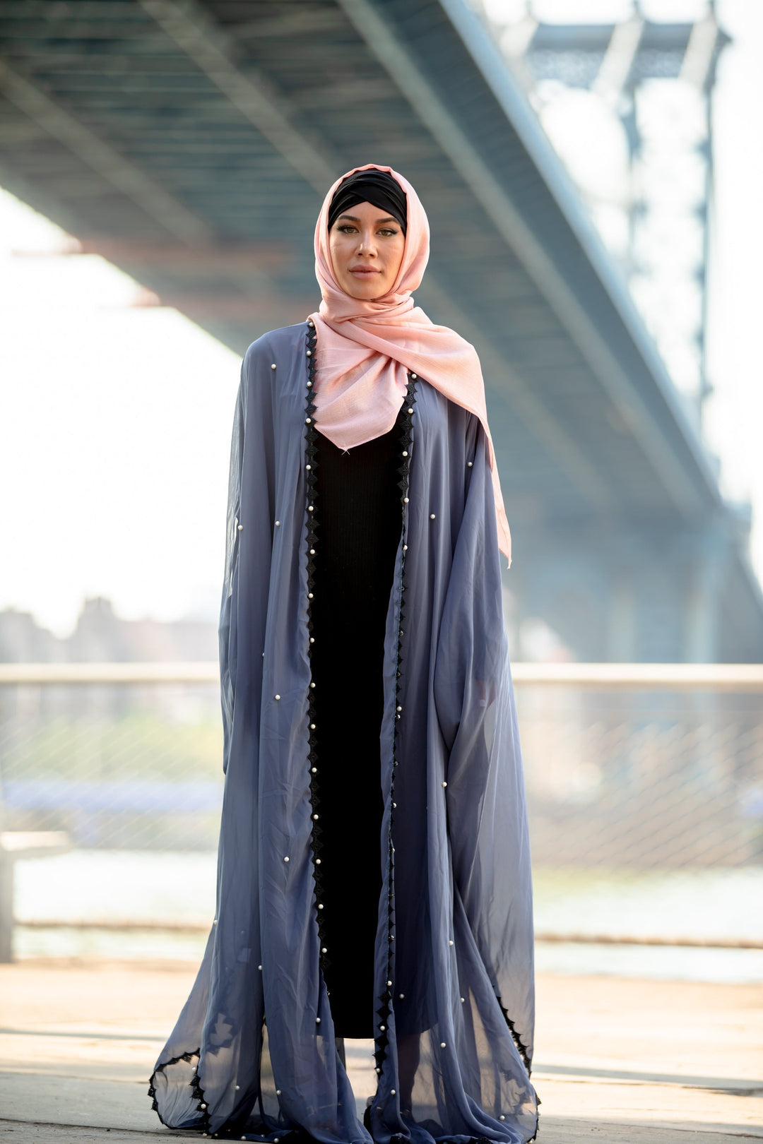 Gray Pearl and Lace Trim Open Front Abaya Caftan