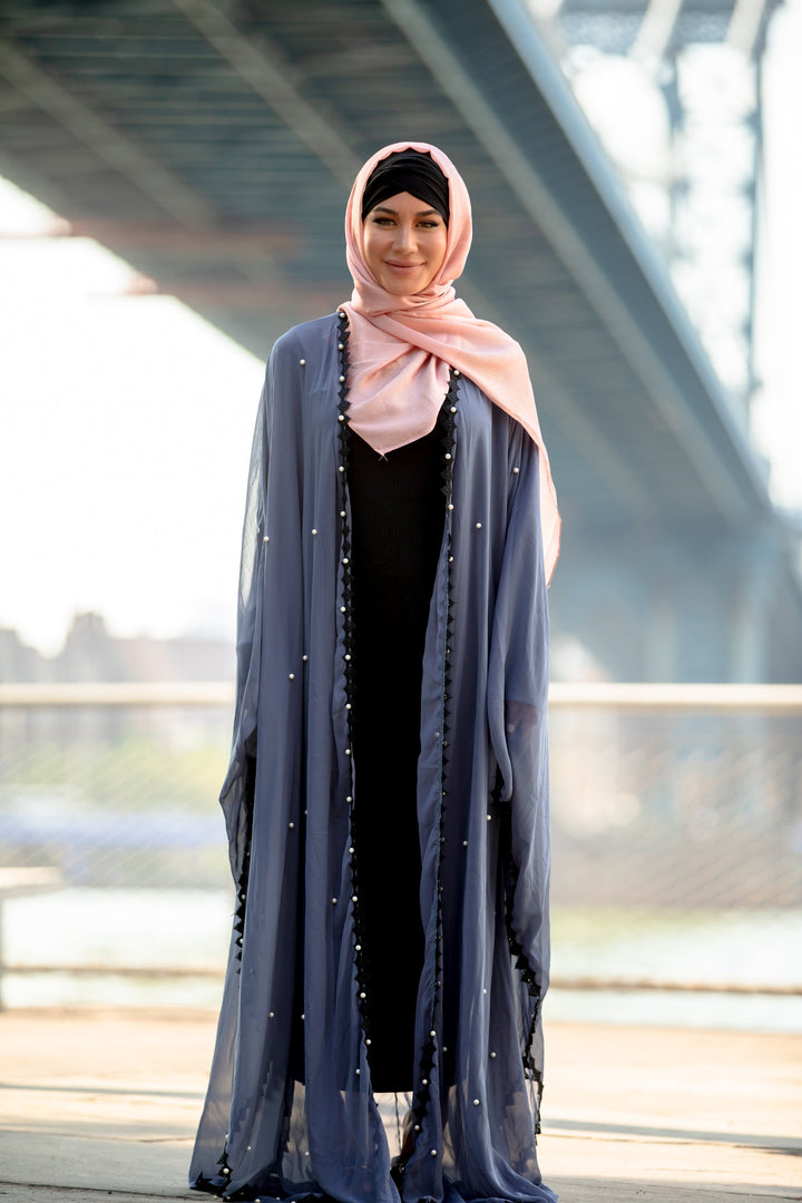 Gray Pearl and Lace Trim Open Front Abaya Caftan