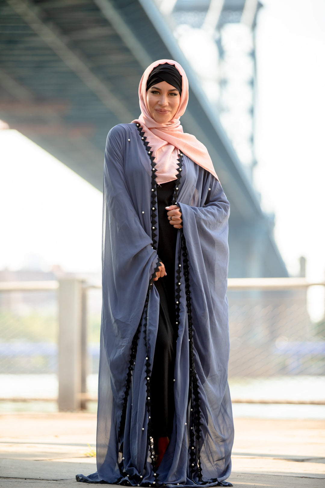 Gray Pearl and Lace Trim Open Front Abaya Caftan