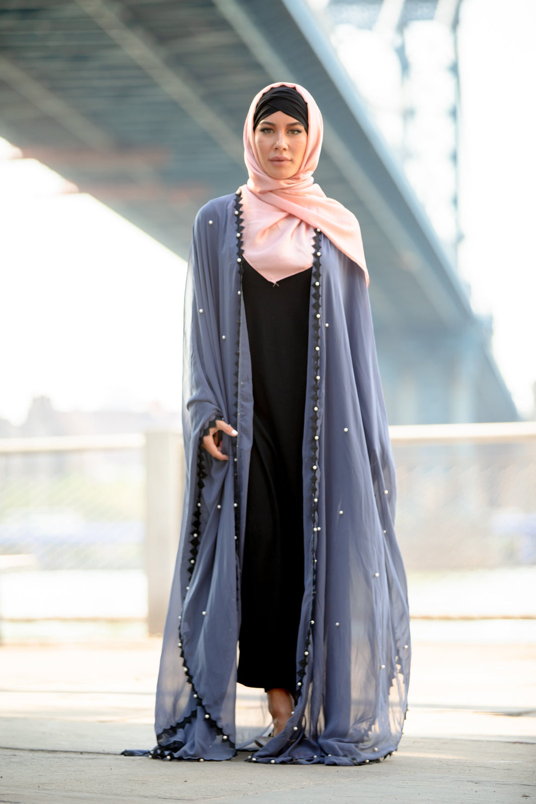 Gray Pearl and Lace Trim Open Front Abaya Caftan