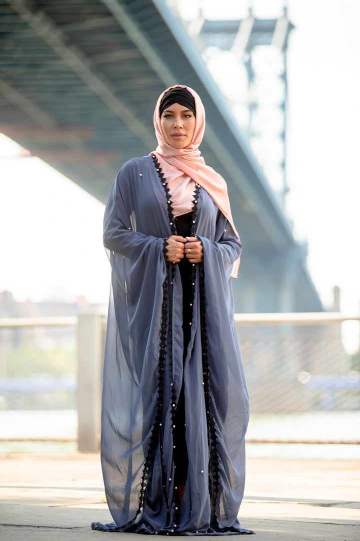 Gray Pearl and Lace Trim Open Front Abaya Caftan